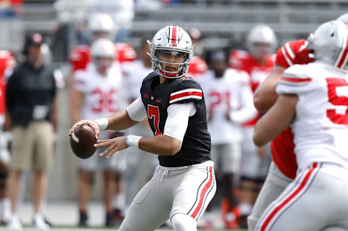 Apr 17, 2021; Columbus, Ohio, USA; Ohio State Buckeyes quarterback CJ Stroud (7) drops to throw during the first quarter of the annual spring game at Ohio Stadium. Mandatory Credit: Joseph Maiorana-USA TODAY Sports